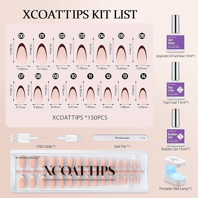 BTArtboxnails XCOATTIPS Press on Nails Almond - Skin Tones French Tip Nails, Medium Soft Gel Nail Tips with Nail Gel, French Protecting Duo, Nail Lamp, All in One Fake Nail Extension Kit