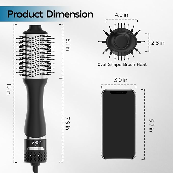 Hair Dryer Brush with Display Screen, Blow Dryer Brush for Women Fast Drying & Styling | Oval Ceramic Barrel, Negative Ion Technology, 3 Heat & 3 Speed Settings, Cold Shot, ALCI Plug (Black & Silver)