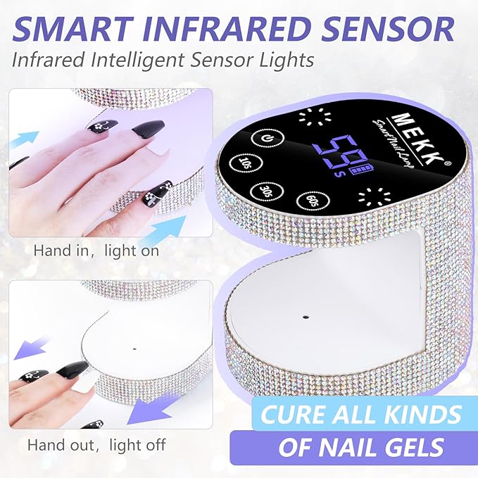 MEKK Cordless Mini UV Light for Gel Nails - 24W Rechargeable Mini UV LED Nail Lamp with Touch Control & Auto Sensor,Diamond Flash Cure Lamp,4 Timers,Portable Nail Light for Salon & Home-Diamond White