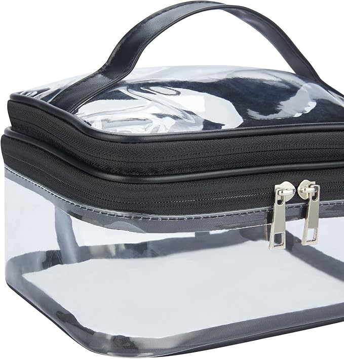 Double Layer Clear Cosmetic Bag Makeup Bag, Waterproof Travel Toiletry Bag, Transparent PVC Hair & Nail Accessories Pouch Beach Bag Organizer (Black)