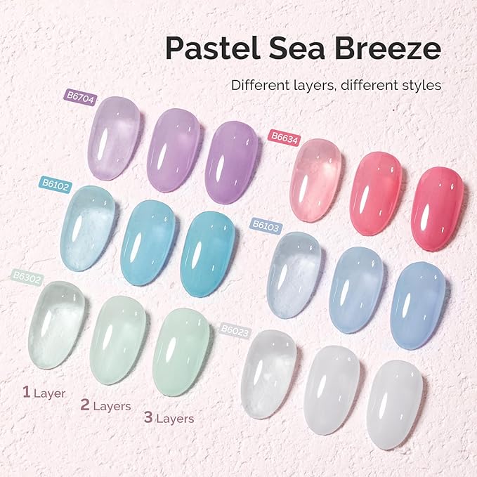 MelodySusie Jelly Gel Nail Polish Set,6 Transparent Colors,Jelly Texture,Pastel Sea Breeze Colors Soak Off UV LED Light Cure or Salon Manicure and Nail Art DIY at Home