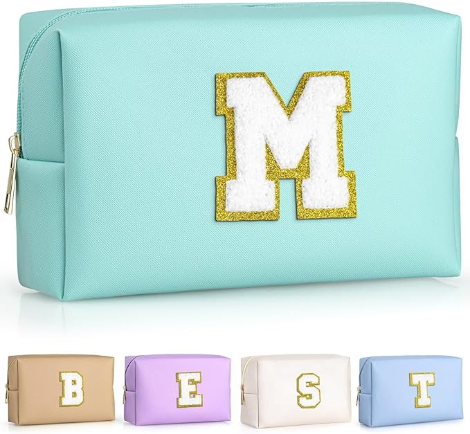 TOPEAST Monogrammed Gifts for Women, Preppy Makeup Bag Small Cosmetic Bag Travel Toiletry Bag, Personalized Birthday Gift for Girl, Wedding Bridal Shower Gifts for Bridesmaids (Blue M)