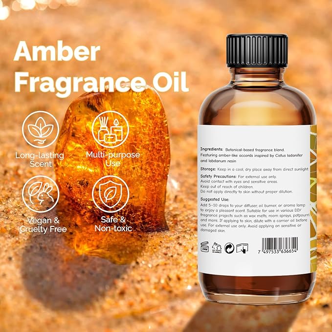 Amber Fragrance Oil 2 Oz, Natural Scent Oil for Home Essential Oils Diffuser, Candle Making, Soap Making, DIY Body Oils, Perfume, Body Mist, Spray - Warm Aroma