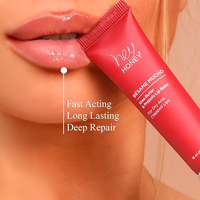 Hey Honey Skincare Bésame Mucho Shea Butter & Propolis Lip Balm | Intensive Hydration for Dry, Chapped Lips, Natural Moisturizing Lip Repair Treatment | 0.5 oz