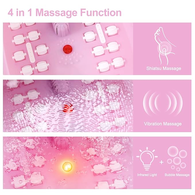 Foot Spa Bath Massager with Heat Bubbles and Vibration Massage and Jets, 16 OZ Tea Tree Oil Foot Soak Epsom Salt, Foot Soaker with Red Light, 22 Massage Rollers, Adjustable Temp - Pink
