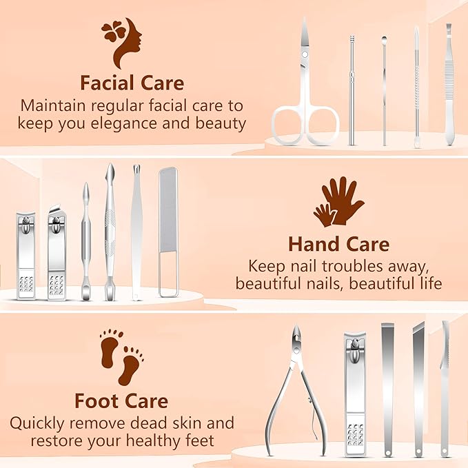 Manicure Set 16 In 1 Professional Stainless Steel Pedicure Kit Toenail Clippers Set Mens Grooming Kit Fingernail Kit for Women with Luxurious Travel Bag, Suitable for Home, Travel, and Salon (Brown)