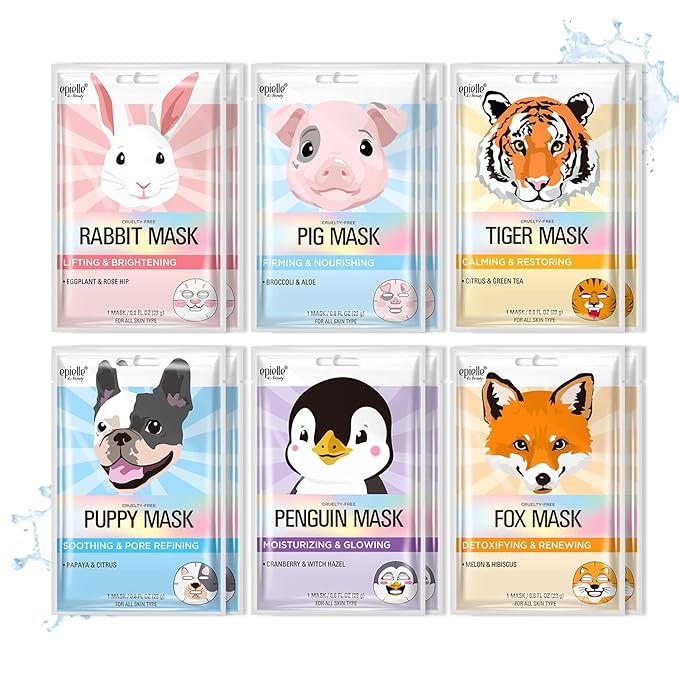 Epielle Character Face Mask Fuzzy Friends 12 Pack, Fun & Effective Korean Skin Care, Spa Party Favors, Stocking Stuffers, Birthday Gifts for Women, Thanksgiving Essentials
