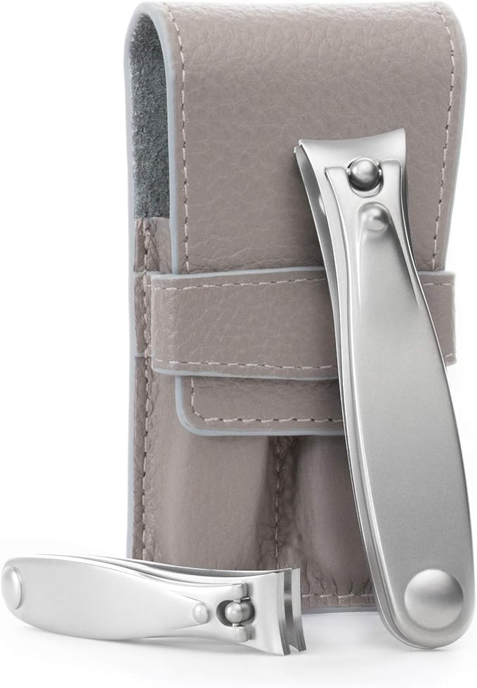 GERMANIKURE Nail Clippers Set in Gray Leather Case – Ethically Made in Solingen Germany, FINOX Stainless Steel Tools – Professional Quality Manicure & Pedicure Kit