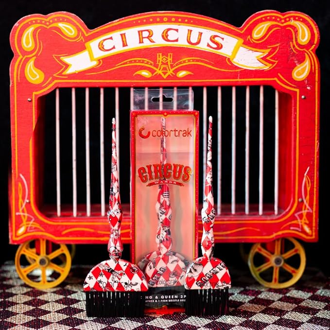 Colortrak Circus Collection King & Queen Size Wands (2 Pack) 1 Firm and 1 Feather Bristle Brush for Hair Color Application, Balayage, Blending, Touch ups and Highlighting, Red/White Diamond Print