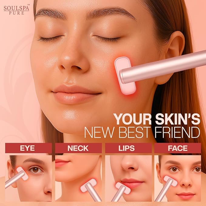 Face Massager 7 in 1 LED Red Light Wand for Face, Neck & Eye – Rose Gold with Activating Serum | Portable Skincare Device Rechargeable Beauty Tool