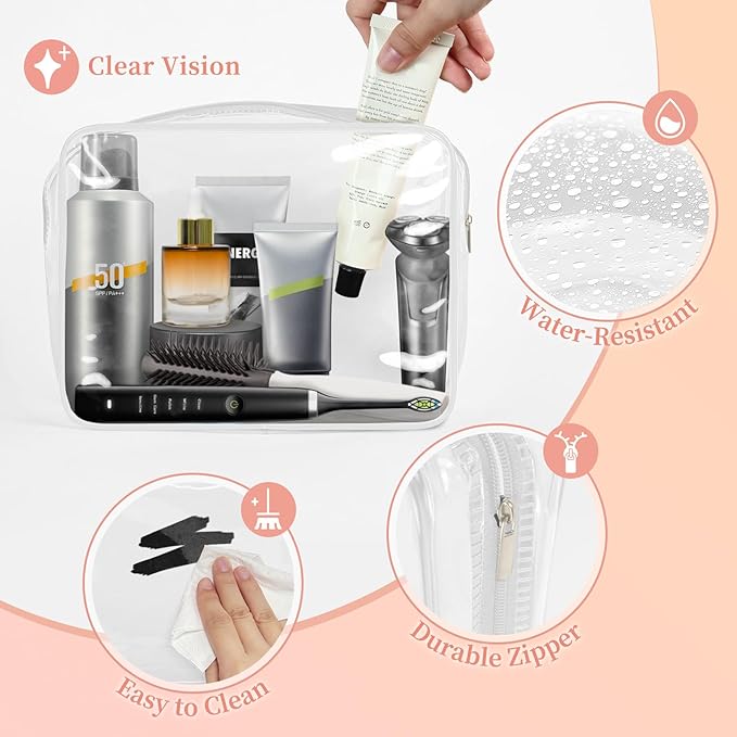 TISRATOK 12 PCS Clear Makeup Bag for Women with Zipper, TSA Approved Toiletry Pouch, Cosmetic Bag Bulk for Travel Organizer Essentials - White,Large