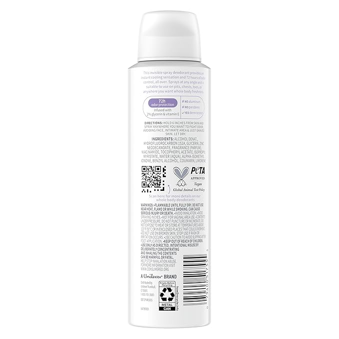 Dove Whole Body Deo Aluminum Free Invisible Spray Deodorant Coconut & Vanilla for 72h Odor Control 4 oz