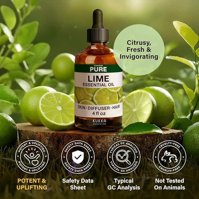 KUKKA Lime Essential Oils - 4 Fl Oz - for Hair, Skin, Diffuser, Aromatherapy & DIY Soap Making Scent