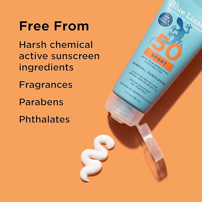 Blue Lizard Sport Mineral SPF 50 Lotion, Ideal for Athletes, 100% Mineral Sunscreen Actives, Fragrance-Free, Paraben-Free, Vegan, 3.0 fl oz