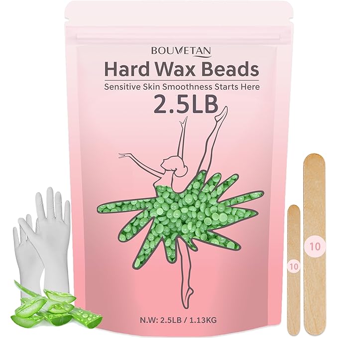 Wax Beads 2.5lb, Bouvetan Hard Wax Beans for Hair Removal, Sensitive Skin, Ideal Beads for Bikini, Legs, Eyebrow, Facial, Brazilian, Full Body Waxing (Aloe)