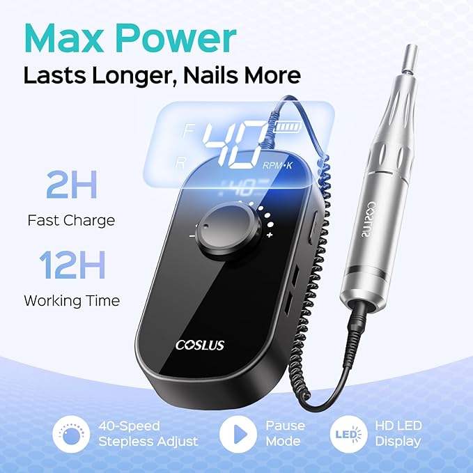 COSLUS Professional Rechargeable Electric Nail Drill 40000 RPM, Portable Nail File with Storage Stand for Acrylic Gel Polishing Removing - Easy to Use for Women, Manicure at Home DIY or Salon, Black