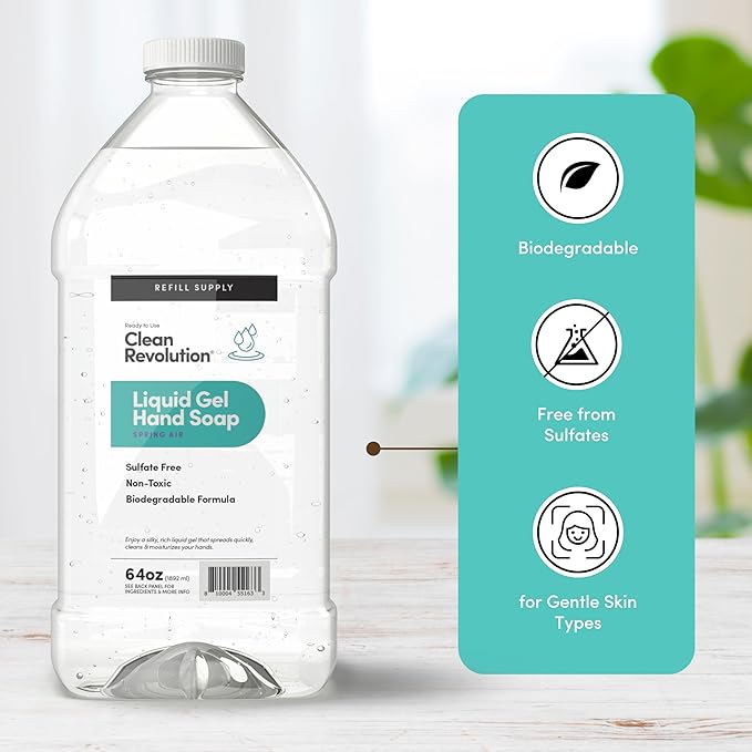 Clean Revolution Liquid Gel Hand Soap, Silky Rich Liquid, Quick Lather, Fast Rinsing, Contains Real Essential Oils (Spring Air) 64 Fl Oz