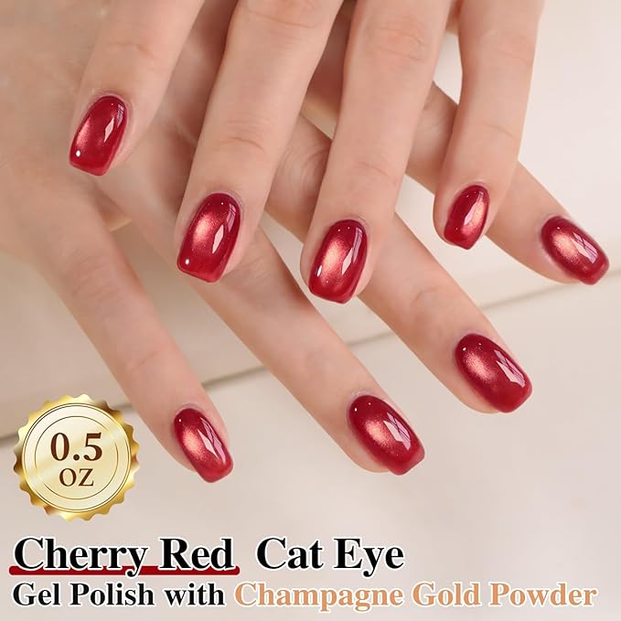 Double Rhythm 0.5 OZ Cat Eye Gel Polish with Magnet 15ML Holographic Glitter Shimmer Translucent Jelly Color Magnetic Nail Polish Salon DIY at Home (Dreamy Cherry Red-MC1274)