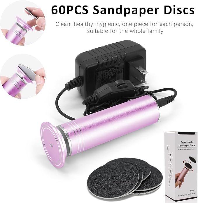 Upgraded Electric Foot Callus Remover 1200rpm, Professional Electric Foot File Sander Pedicure Tools for Dead Skin Cracked Heels, Adjustable Speed, 60 Replaceable Sandpaper Discs (FCR-2 Pink)