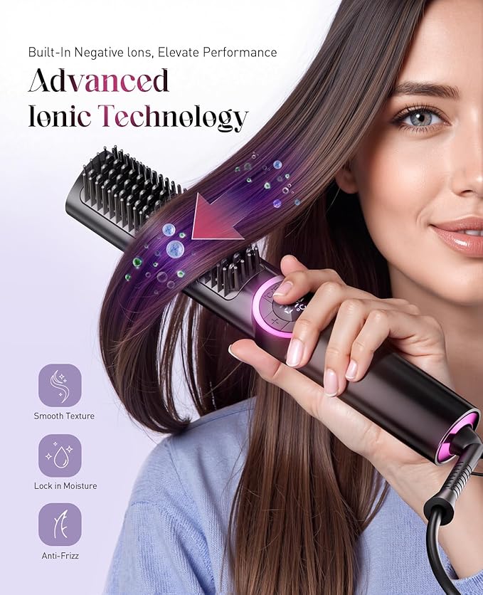 Hair Straightener Brush: 3-in-1 Curling & Straightening Comb with Dual Voltage, Hot Comb with Ionic Coating, Black