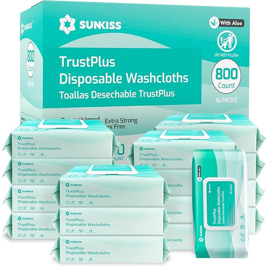 SUNKISS Trustplus Wet Wipes for Adult No Rinse, Extra Large 8”x12” Body Cleaning Washcloths for Elderly Incontinence & Cleansing, Unscented, 800 Count (16 Packs of 50)