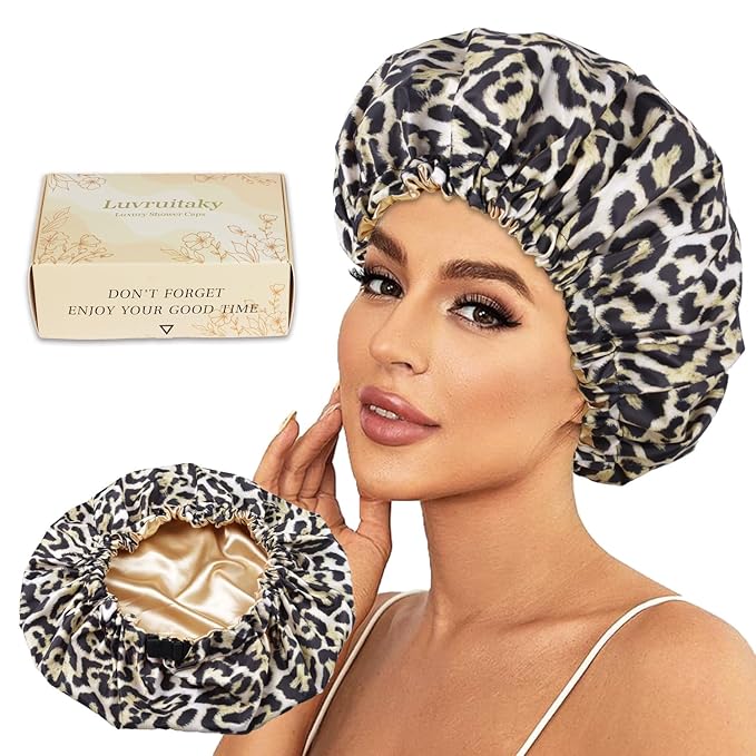 Shower Caps for Women Waterproof Reusable… (Black Leopard)