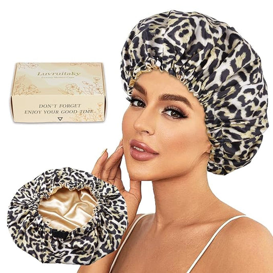 Shower Caps for Women Waterproof Reusable… (Black Leopard)