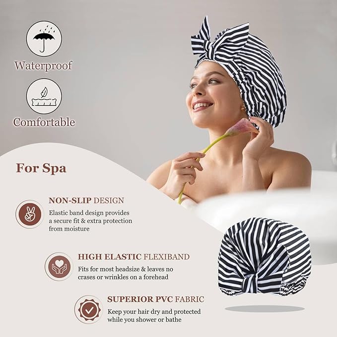 Shower Cap Luxury Shower Caps for Women Reusable Waterproof Hair Cap for Shower with Adjustable Bowknot Hair Bath Cap (Black Stripe)