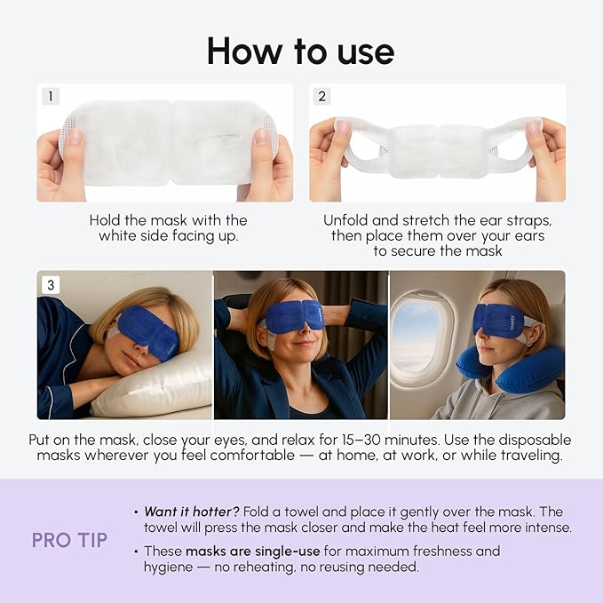 MAREE Steam Eye Mask — 3-in-1 Heated Eye Mask for Dry Eyes — Masks for Women for Puffy Eyes — Steam Eye Masks Disposable — Warm Compress for Eye — Spa Gifts for Women Relaxation — Travel Essentials