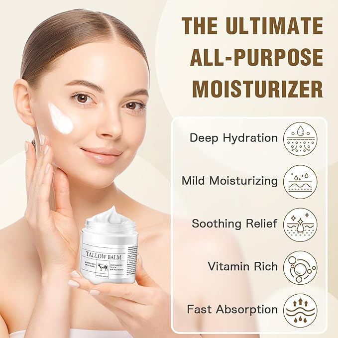 Beef Tallow for Skin, Organic Beef Tallow for Face 4 Oz., Whipped Beef Tallow Balm for Sensitive Skin, Deep Moisturizing For Face Cream, Unscented- Natural Skin Care for Body & Face Moisturizer