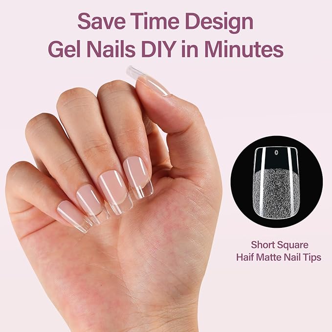 Misssix Short Square Gel Nail Tips Kit, 216Pcs Pre Etched Clear gel x Fake Nails, Full Cover False Nail 9-in-1 Gel Glue and Portable Mini U V Nail Lamp for Women 12 Sizes