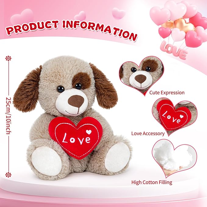 Small Puppy Dog Stuffed Animals Cute I Love You Soft Plush Toy Holding Red Heart for Baby Shower Kids Girls Girlfriend Christmas Valentine's Day, Wedding, Anniversary, Birthday, Brown