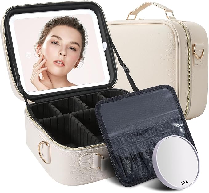 Mocado Travel Makeup Bag with LED Lighted Mirror,Travel Makeup Organizer,Makeup Case with 3 Color Lighted Setting and 10x Magnifying Mirror,Portable Storage and Adjustable Dividers Makeup Box(Beige)