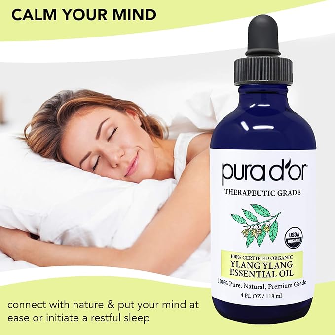 PURA D'OR Organic Ylang Ylang Essential Oil (4oz with Glass Dropper) 100% Pure & Natural Therapeutic Grade for Hair, Body, Skin, Aromatherapy Diffuser, Relaxation, Massage, Mood, Antioxidant Support