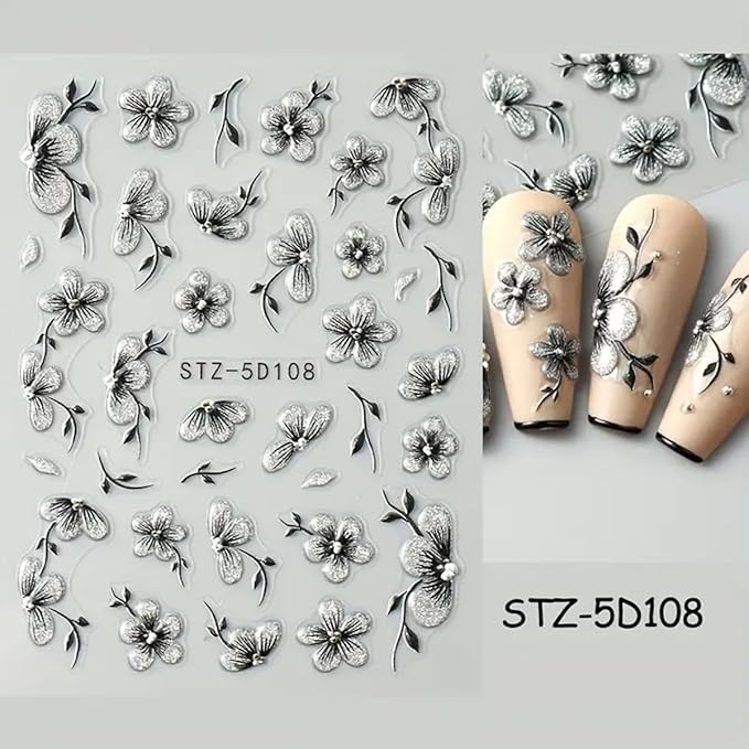 Flower Nail Art Stickers Decals 5D Embossed Flowers Nail Decals Nail Art Supplies Watercolor Ink Floral Leaf Petal Design Summer Nails Adhesive Sliders Flower Stickers for Women Nail Art Decorations