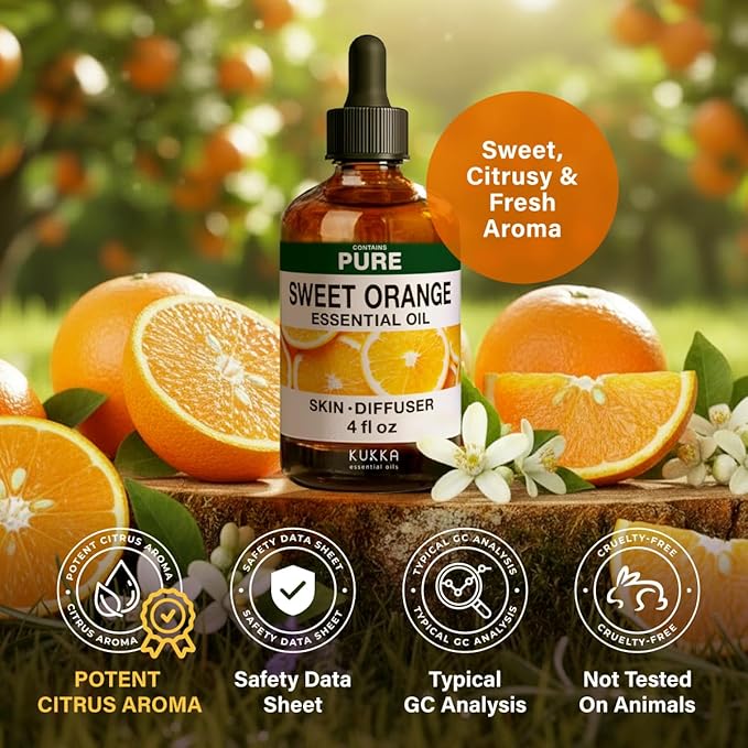 KUKKA Orange Essential Oils - 4 Fl Oz - for Hair, Skin, Diffuser, Aromatherapy & DIY Soap Making Scent