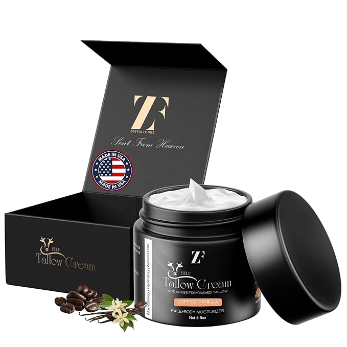 ZF 100% Grass Fed Beef Tallow for Skin Care - Face + Body - Natural Organic Lotion - Whipped Moisturizer for Sensitive Skin 4 FL. oz. (Coffee Vanilla)