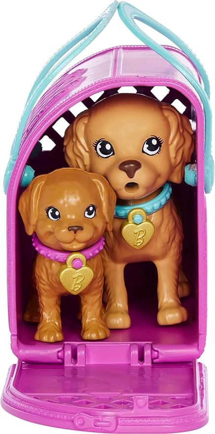 Barbie Pup Adoption Playset with Brunette Fashion Doll in Pink Dress, 2 Pets, Carrier & 10 Accessories, Color-Change Feature