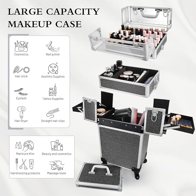 4 in 1 Rolling Makeup Train Case Professional Cosmetic Trolley Cart Travel Nail Cart Organizer with Wheels Transparent Acrylic Panel for Makeup Hair Stylists Nail Tech (Black Crystal)