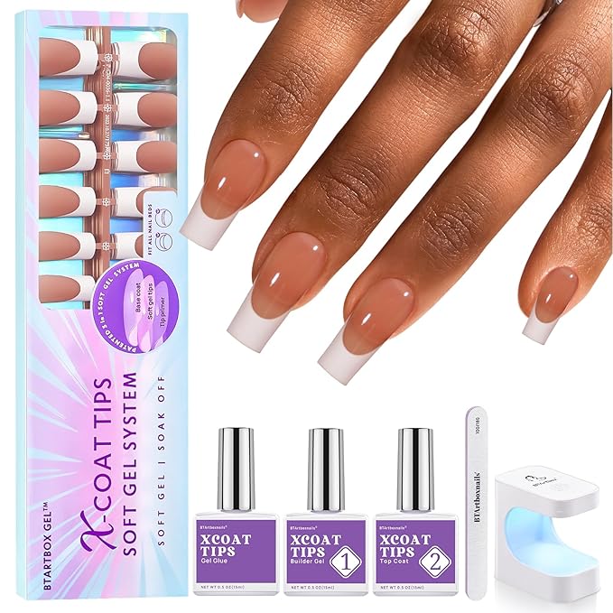 BTArtboxnails XCOATTIPS French Tip Nail Kit - Long Square Nail Tips Brown with Nail Gel, French Protecing Duo, Nail Lamp, Gel Nail Extension Kit