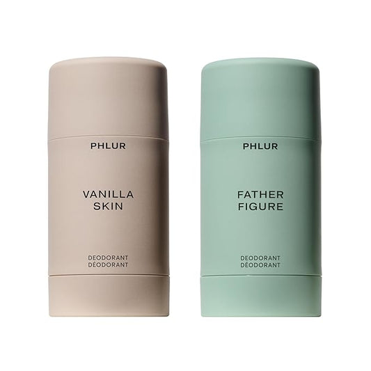 PHLUR Vanilla Skin & Father Figure Deodorant Duo - Natural 48 Hour Odor Protection - Baking Soda Free & Aluminum Free Deodorant with Salicylic Acid, Arrowroot Powder & Tamanu Oil (2 x 1.76 oz)