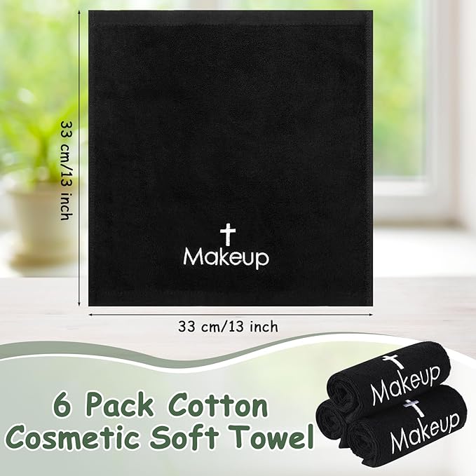Shimeyao 13x13 Inch Black Makeup Towels Reusable Makeup Washcloths for Face Facial Remover Washcloths Absorbent Cotton Towel for Women Skin Care (6 Pcs,Cross Pattern)