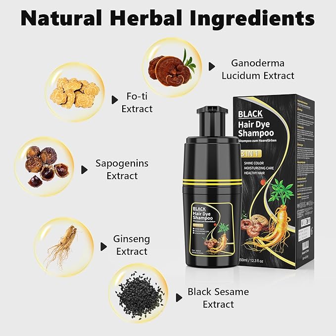 Black Hair Dye Shampoo 3 in 1, Herbal Ingredients Hair Color Shampoo for Cover Grey Hair, Hair Dye for Men and Women