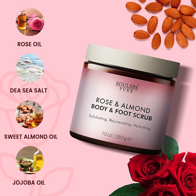 Rose & Almond Body & Foot Scrub - Rejuvenating & Hydrating Exfoliating Body Scrub for Luxurious Skin Care, 10 oz