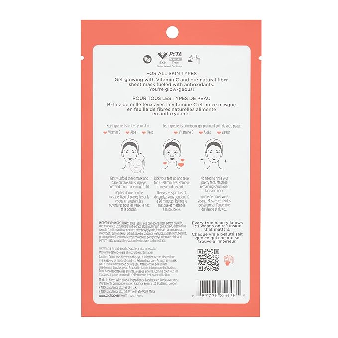 Pacifica Beauty, Glow Baby Brightening Face Mask, Sheet Mask, Skincare, Vitamin C, Aloe, Kelp, Brightening, Glowing Skin, Dullness, Fine Lines, Dark Spots, Dry Skin, Vegan & Cruelty Free (Pack of 2)