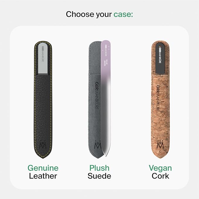 GERMANIKURE Czech Crystal Glass Nail File 3 Pack in Suede Sleeves - Professional Manicure & Pedicure Products for Smooth Easy Shaping of Natural Nails - Ideal Nail Care Gift