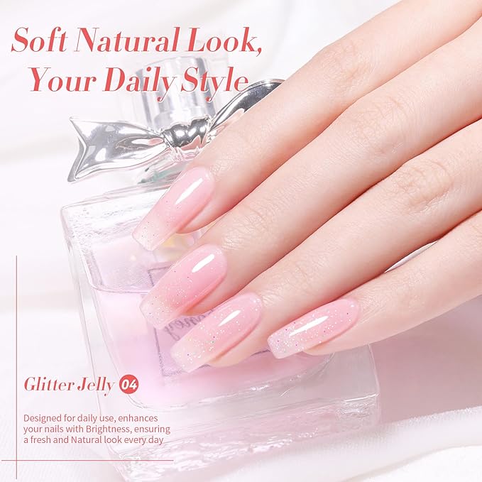 Born Pretty Jelly Gel Nail Polish Jelly Glitter Pink Gel Polish Holographic Shimmer Pink Natural Translucent Soak Off Hema-Free Gel Polish Nail Art DIY 15ML