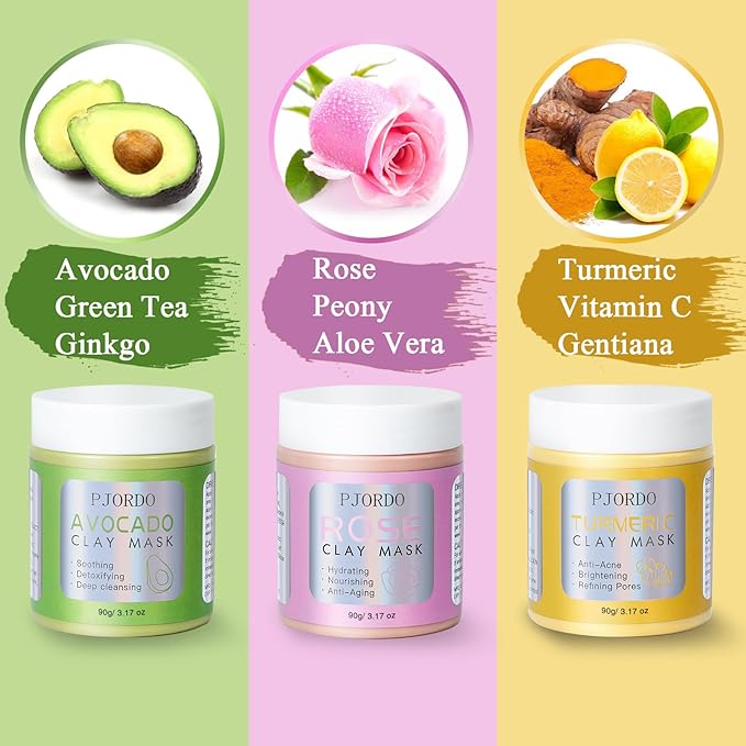 3Pack clay mask, Turmeric Vitamin C, Avocado, Rose clay mask for face, Face Mask Skin Care for Deep Cleaning Reduce Blackheads Dark Spots, Spa Gifts for Women, 3.17 Oz Each