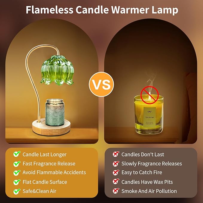 Dimmable Flower Candle Warmer Lamp, Green Candle Warmer with Timer & 4Bulbs, Birthdays Chirstmas Gifts for Women Mom, Unique Home Decor for Bedroom Fits All Jar Candle