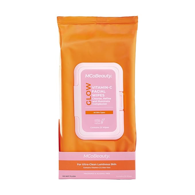 MCoBeauty - Glow Vitamin C Facial Wipes - Infused with Vitamin C, Hyaluronic Acid and Antioxidants - Pack of 25 Cleansing Wipes - Vegan and Cruelty Free